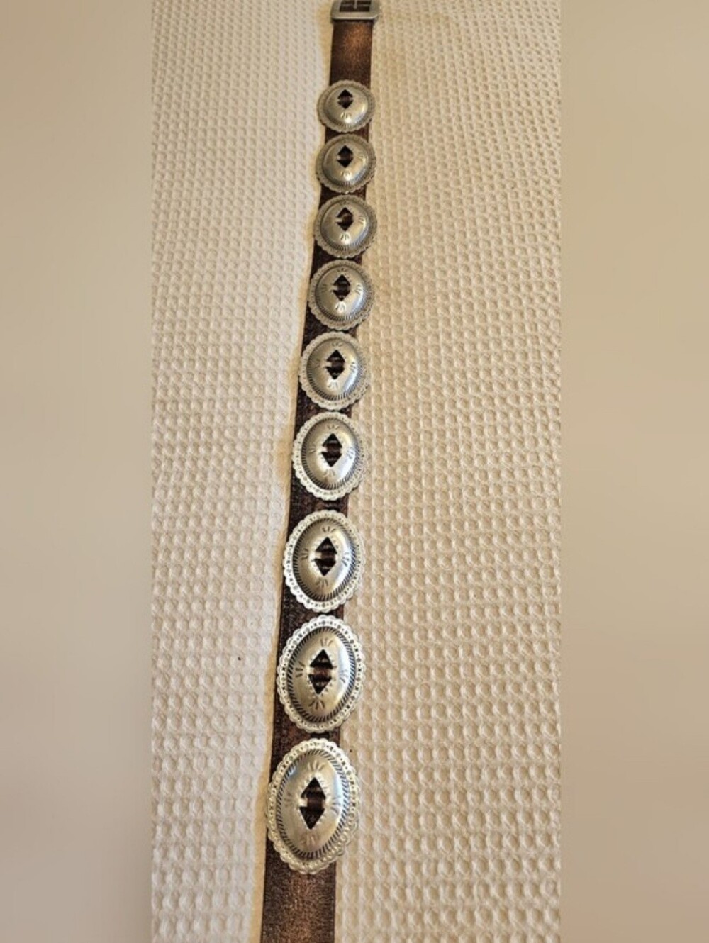 Vintage Handmade Southwestern Concho Belt | Rustic Brown Leather | Western Boho - Picture 10 of 15